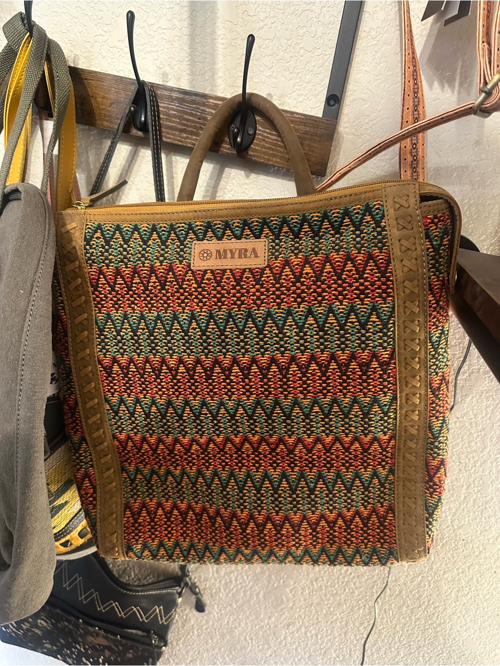 Myra Bag Multicolor Chevron Woven Tote with Brown Trim